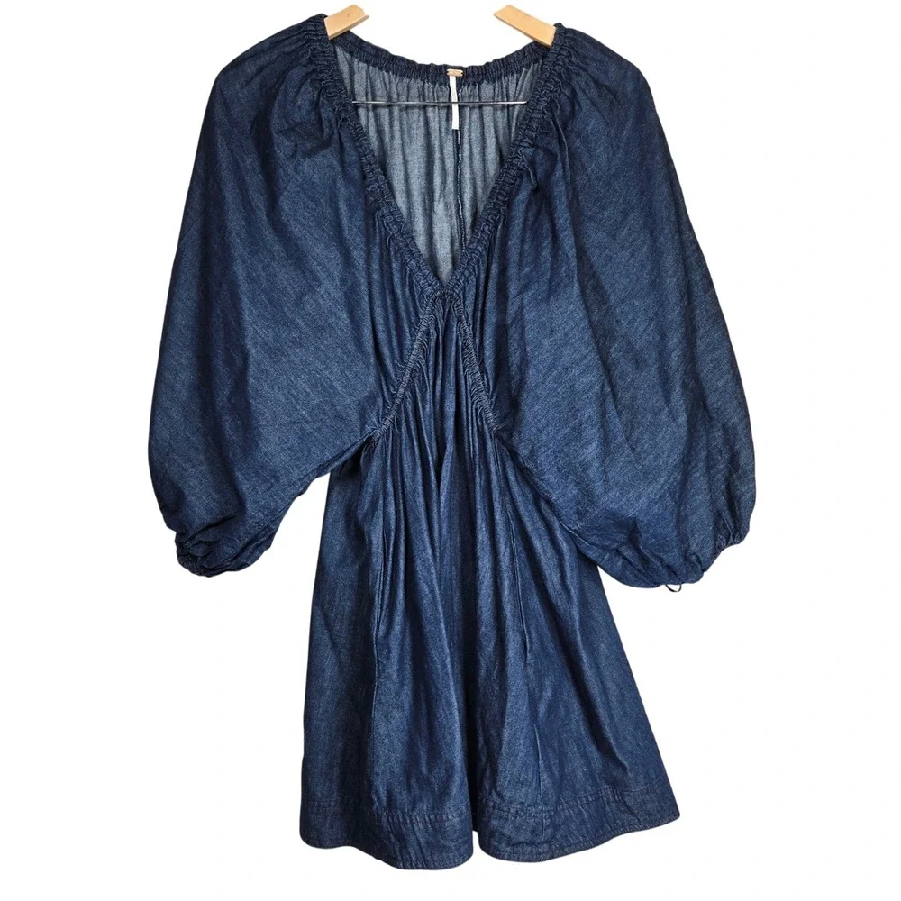 Free People Dark Indigo Portia Denim‎ Balloon Sleeve Mini Dress OB1740382 M